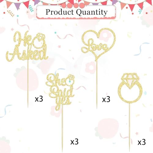 12 Pcs He Asked She Said Yes Cupcake Toppers, Glitter Diamond Ring Heart Love Cake Picks Suitable for Wedding Engagement Bridal Shower Theme Party Cake Decorations Supplies - Gold