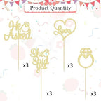 12 Pcs He Asked She Said Yes Cupcake Toppers, Glitter Diamond Ring Heart Love Cake Picks Suitable for Wedding Engagement Bridal Shower Theme Party Cake Decorations Supplies - Gold