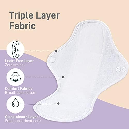Langsprit Reusable Sanitary Pads for Women, Feminine Pads for Women Regular Absorbency Cotton Washable Cloth Menstrual Pads 6pcs Set with Mini Wet Bag Leakfree and Periods (Medium)