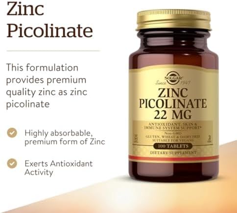 Solgar Zinc Picolinate 22 mg, 100 Tablets - Promotes Healthy Skin - Supports Immune System, Normal Taste & Vision - Antioxidant – Non-GMO, Vegan, Gluten Free, Kosher - 100 Servings