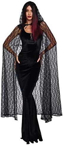 Dreamgirl Adult Lace Cape Costume, Hooded Cloak Halloween Costume Accessory for Women, Black