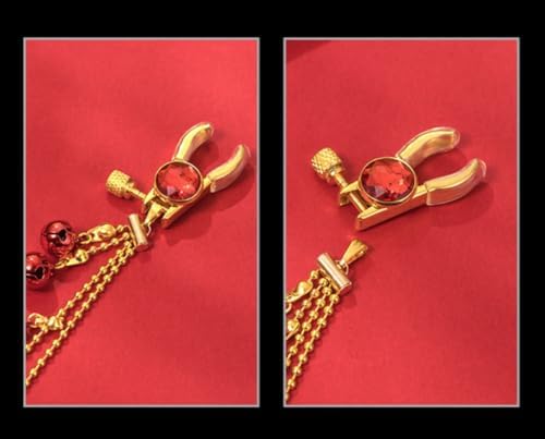 QLXSTM Tassel Rhinestone Nipple Clamps with Multiple Bells and Chains - Adjustable, Non-Piercing Metal Stimulator Nipple Clips Adult Toys, Perfect for Women & Couples (RED)