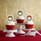 50 PCS Edible Christmas Wreath Cupcake Toppers with Berries and Red Bow Wafer Paper Christmas Wreath Cake Toppers Merry Xmas Party Decorations for Xmas Theme Baby Shower Birthday Party Decor Supplies