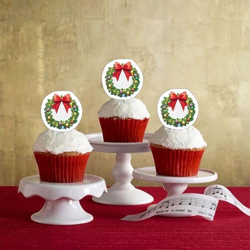 50 PCS Edible Christmas Wreath Cupcake Toppers with Berries and Red Bow Wafer Paper Christmas Wreath Cake Toppers Merry Xmas Party Decorations for Xmas Theme Baby Shower Birthday Party Decor Supplies