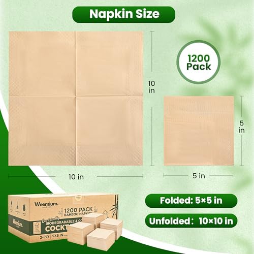 Weemium Cocktail Napkins Bulk, 2-Ply, 5 x 5 Inch Folded [12 Packs of 100, Total 1200 Count] Soft, Biodegradable & Compostable Bamboo Cocktail Napkins Paper for Beverage, Bar Parties & Everyday Use