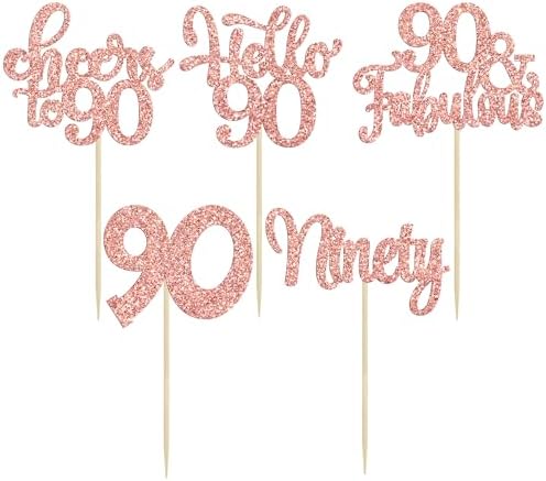 Gyufise 30pcs Happy 90th Birthday Cupcake Toppers - Rose Gold Glitter Ninety Cheers to 90 Years Old Cupcake Picks for Anniversary Party Cake Decorations