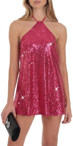 hibshaby Women's Glitter Sequin Dress Halter Neck Party Cocktail Sparkly Mini Dress Clubwear