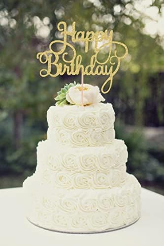 Happy Birthday Cake Topper - Gold Glitter Happy Birthday Cake Bunting Decor - Bday Party Cake Decoration Supplies, for Photo Booth Props
