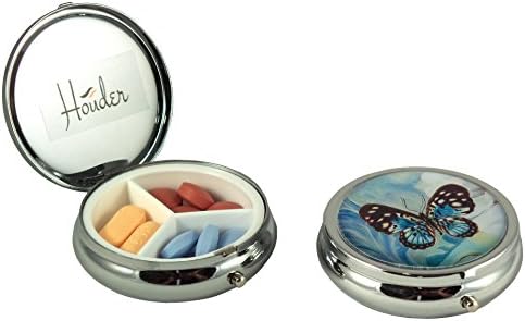 Designer Pill Box by Houder - Decorative Pill Case with Gift Box - Carry Your Meds in Style (Blue Butterfly)