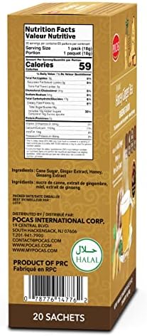 Pocas Honey Ginger Instant Tea Powder 2-Pack with Ginseng Flavor, Real Ginger Extract & Sweetener, Caffeine-Free Tea, 20 Packets