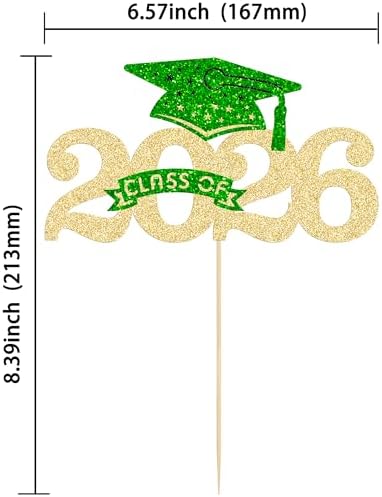 Ephlyn 1Pcs Class of 2026 Cake Topper Glitter Graduation Cap Cake Pick 2026 Congrats Grad Cake Decoration for 2026 Theme Party Decorations Supplies Gold Green