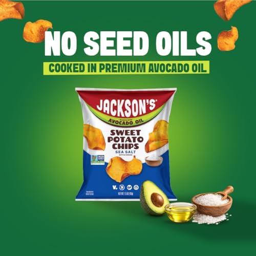 Jackson’s Sweet Potato Kettle Chips Avocado Oil Variety Pack made with Premium Oils (1.5 oz, Pack of 10) Sea Salt, Ranch and BBQ Flavors - Allergen-friendly, Gluten Free, Vegan