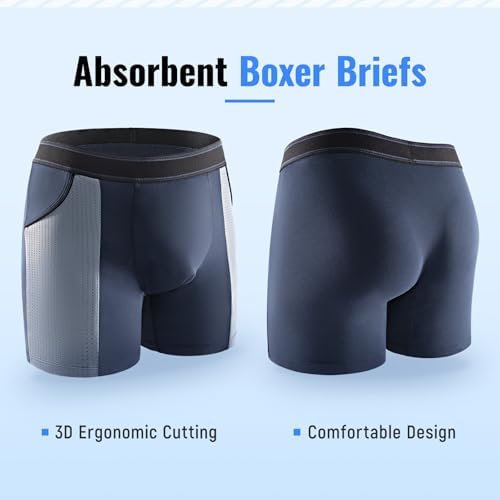 Carer Mens Incontinence Underwear for Bladder Leak Protection 80ML Incontinence Underwear for Men Washable Breathable Leak Proof Underwear for Men Urinary Incontinence Boxer Shorts (Black/Blue, M)