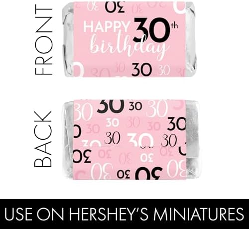 DISTINCTIVS Pink, Black, and White 30th Birthday Party Mini Candy Bar Wrappers - 42 Count