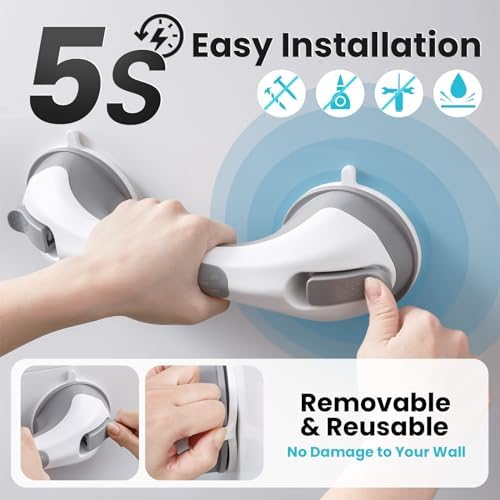 TAILI Suction Shower Grab Bar 2 Pack, Grab Bars for Bathtubs Showers for Seniors Elderly Handicap, Bathroom Safety Shower Handles Support Grip, Heavy Duty Suction Cup, No Drilling Removable, Grey,G9