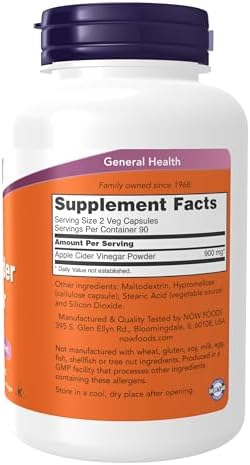 NOW Foods Supplements, Apple Cider Vinegar 450 mg, Derived from Fermentation of Sweet Apple Cider, 180 Veg Capsules