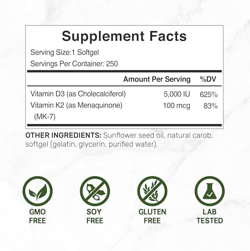 DEAL SUPPLEMENT Vitamin D3 5,000 IU + K2 MK7 Softgels, 250 Count | 2-in-1 Complex | Easy to Swallow
