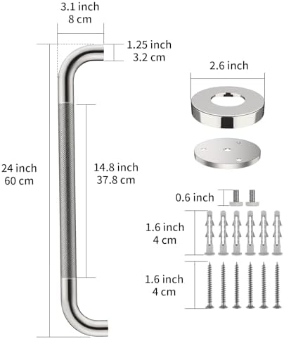 2 Pack 24 Inch Anti Slip Shower Grab Bar Handles, ZUEXT Chrome Stainless Steel Knurled Bathroom Balance Bar, Safety Hand Rail Support,Handicap Elderly Injury Senior Assist Bath Handle(1.25" Diameter)