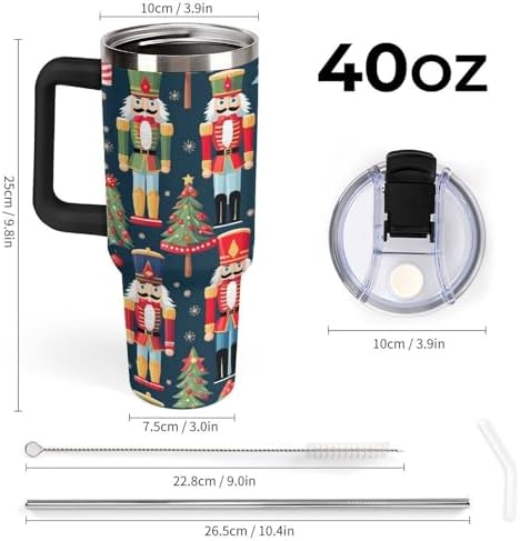 40oz Insulated Stainless Steel Tumbler with Handle, Christmas Nutcracker Tree Leakproof Water Bottles Travel Mug with Lid And Straw for Water, Iced Tea Or Coffee for Most Car Cup Holder