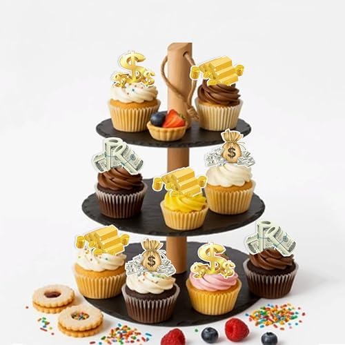 40Pcs Edible Riches Money Cupcake Topper Edible Pre-cut Dollar Gold Cupcake Picks for Banker Financier Wealthy Birthday Party Cupcake Decorations Bank Holiday Finance Gold Theme Party Decors Supplies