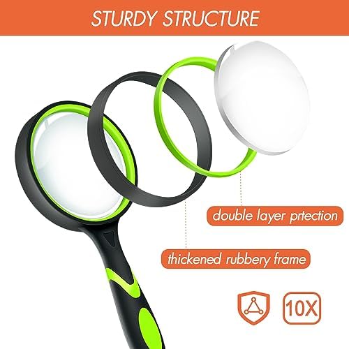 Leffis 6 Pack Magnifying Glass, 10X Non-Slip Handheld Reading Magnifier for Kids and Seniors, 75mm Magnifying Glass Lens for Reading, and Nature Exploration
