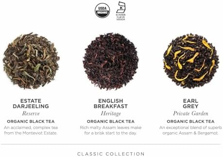 Teabloom Classic Black Teas – Organic Assortment with 12 Plant-Based Pyramid Sachets, Earl Grey, Darjeeling & English Breakfast, Elegant Presentation Box for Tea Enthusiasts
