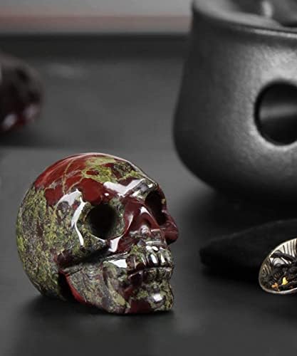 Artistone 2" Dragon Bloodstone Crystal Skull Statue,Hand Carved Healing Gemstone Human Skull Head Art Figurine for Halloween Decor, Home Office Decoration, Haunted House with Gift Box