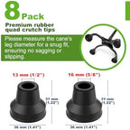 MFE Quad Cane Tips (Set of 8) - Heavy Duty 1/2 inch Replacement Rubber Foot - Black Attachment Base Grip - Durable Accessories for Walking and Standing Stick for Women, Men, Seniors, Elderly