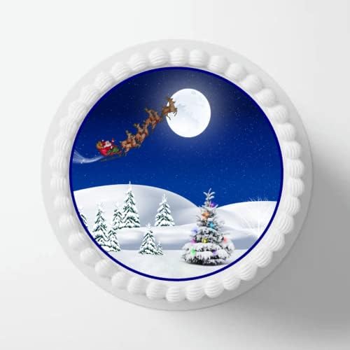 PRECUT 7" Christmas Cake Topper, Christmas Snow Scene, Edible Christmas Cake Decorations, Santa Cake Toppers, Xmas Cake Decoration, Round Christmas Cake