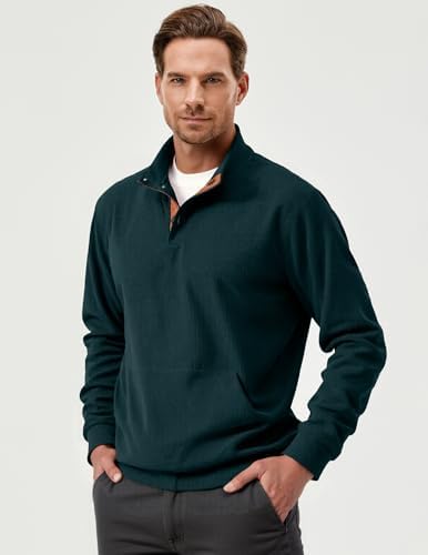 JMIERR Mens Corduroy Sweatshirt Casual Stand Collar Quarter Fall Metal Button Pullover Sweaters Long Sleeve with Pockets