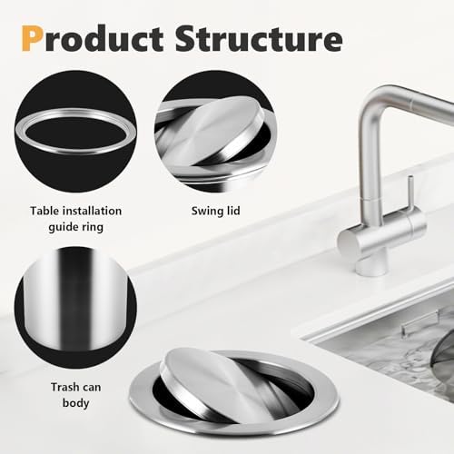 Countertop Built-in Kitchen Cabinet Trash Can 9L 304 Stainless Steel Trash Chute with Swing Lid