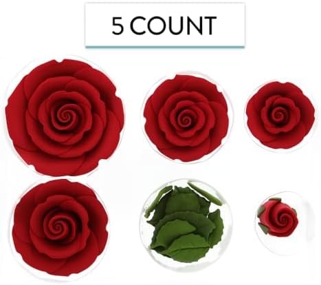 Global Sugar Art Edible Exquisite Rose & Leaf Tray Sugar Cake Flowers, Red Unwired, 5 Count by Chef Alan Tetreault
