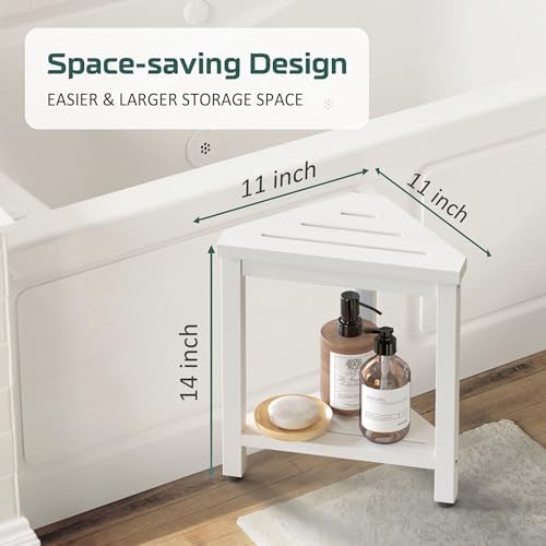 Shower Foot Rest 14in, HDPE Waterproof Shower Stool for Inside Shower, Corner Shower Stool for Shaving Legs with Storage Shelf, Shower Step Stool for Small Space, Plastic Corner Shower Bench, White