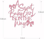 A Sweet Baby Girl is on The Way Cake Topper, Bow Baby Shower Cake Topper, Welcome Baby Girl, Bow Themed Girls Baby Shower Party Decorations, Pink Glitter