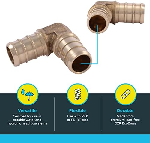 SharkBite 1/2 Inch Crimp 90 Degree Elbow, Pack of 10, Brass Plumbing Fitting, PEX Pipe, PE-RT, UC248LFA10.