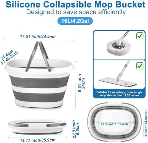 Collapsible Mop Bucket with Handle for Cleaning, 16L(4.2 Gallon) Silicone Square Mopping Bucket for Windows Cleaning or Car Washing, Cleaning Supplies Organizer Plastic Bucket for Storage