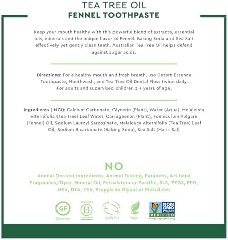 Desert Essence Tea Tree Oil & Fennel Toothpaste, 6.25 oz - Fluoride Free, Gluten Free, Vegan, Non-GMO - Oral Care with Baking Soda & Sea Salt for Healthy Teeth & Gums, Fresh Breath