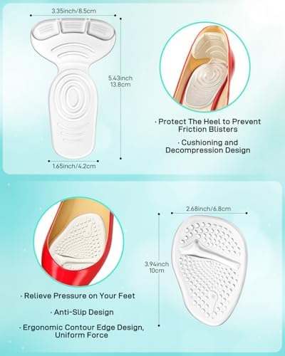 10PCS High Heel Inserts for Women, Silicone Ball of Foot Cushions Heel Grips Liner Metatarsal Pads for Women Shoes Too Big, Anti Slip Heel Pads, Foot Pain Relief and Comfort