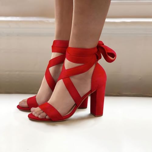Strappy Heels for Women Chunky Heels High Heeled Sandals with Lace Up Fahsion Casual Nude Block Heel Sandals