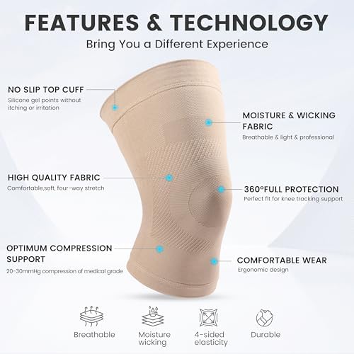 Knee Compression Sleeves, 1 Pair, Can Be Worn Under Pants, 20-30mmHg Strong Support Knee Brace for Unisex, Knee Support for Meniscus Tear, Arthritis, Pain Relief, Injury Recovery, Daily Wear, Beige M