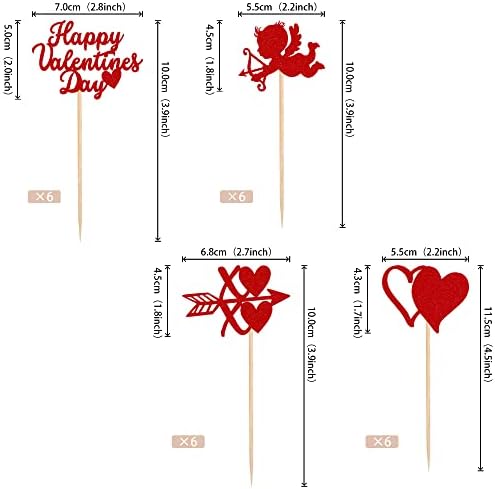 24 PCS Happy Valentine's Day Cupcake Toppers with Glitter Heart XOXO Cupid Cupcake Picks Valentine's Day Theme Wedding Bridal Shower Birthday Party Cake Decorations Supplies Red