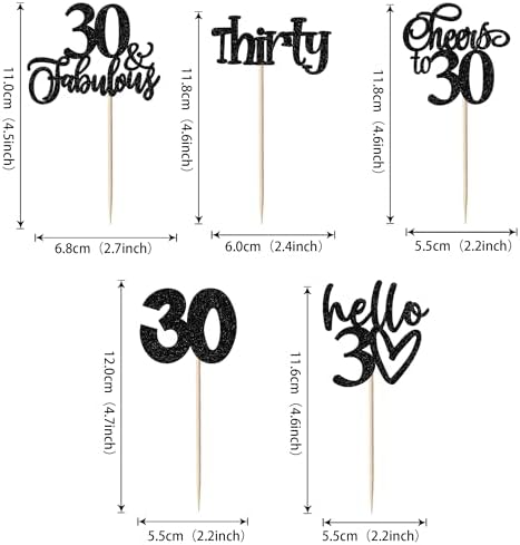 30 Pack 30th Birthday Cupcake Toppers Glitter Thirty Cheers to 30 Cupcake Picks Hello 30 Years Birthday Cupcake Decorations for Happy 30th Birthday Anniversary Party Supplies Black