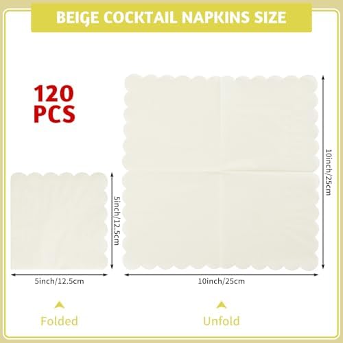 NatNarr 120 Pcs Cocktail Napkins Scalloped Ivory Paper Napkins Disposable Cream Dessert Beverage Party Napkin for Wedding, Bridal Baby Shower, Birthday