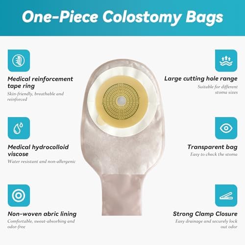 5 PCS Colostomy Bags,Ostomy Supplies,One Piece Drainable Ostomy Pouch Bags with 2 Clips Closure for Ileostomy Stoma Care,20mm-60mm Cut-to-Fit