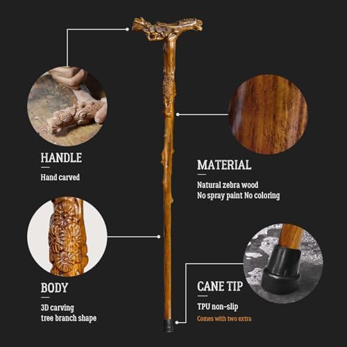 Wooden Walking Cane, Hand-Carved Wood Walking Cane for Men and Women, with Massage Function Support up to 500lbs, High-end Canes for Seniors Suitable for Daily Comfort