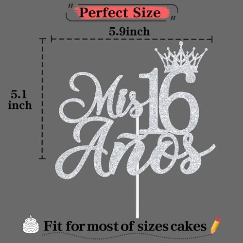 Sliver Glitter Mis 16 Anos Cake Topper, Sweet 16/Happy 16th Birthday/Cheers to 16 Years/Happy Sweet 16, Funny 16th Birthday Party Decorations Supplies