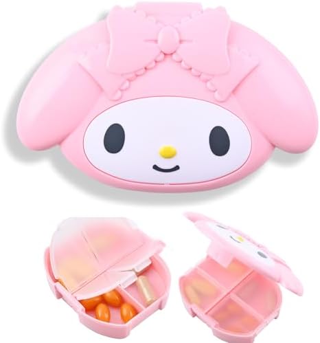Kitty & MyMelody Pill Box - 4 Compartment Weekly Pill Organizer - Fun Medicine Pill Organizer - Durable Travel Pill Case with Snap Closure (Kitty + MyMeloday)
