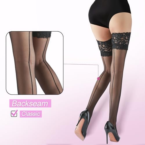G&Y Backseam Thigh High Stockings with Silicone - 15D Sheer Lace Top Nylon Stay Up Pantyhose with Reinforced Toe for Women