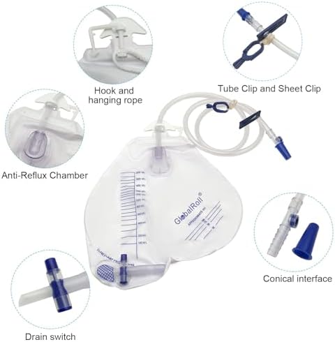 Urinary Drainage Bag with Anti-Reflux Chamber, Urine Bag with 2000 mL Volume, 48" Drainage Tube, Clips and Hanging Hook, Professional Urinary Bag for Home and Hospitals Health Aids,10 Pack