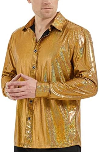 WULFUL Men Dress Shirt Sequins Long Sleeve Button Down Shirt Luxury Disco Party Nightclub Christmas Prom Costume